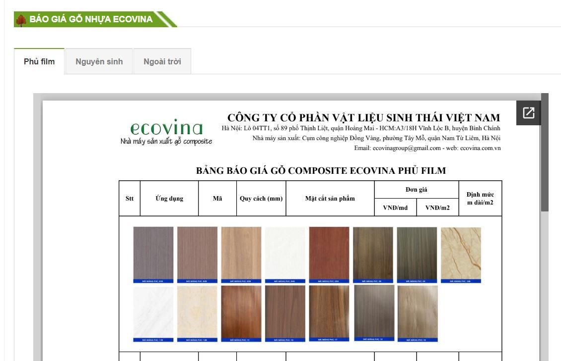 Báo giá gỗ nhựa composite Ecovina mới nhất 2024